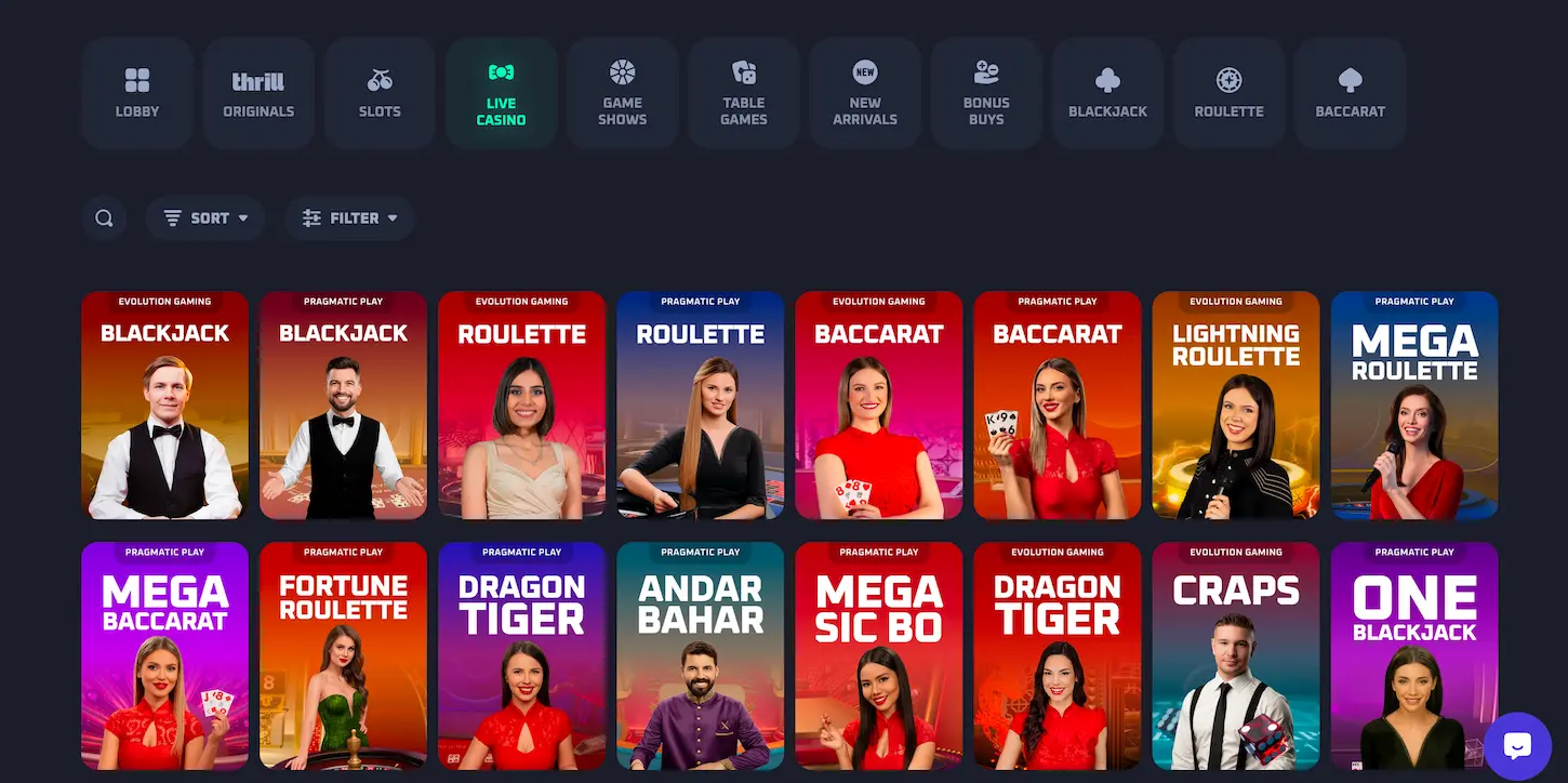 Kasyno na żywo w Thrill Casino – stoły z krupierami i gry live dealer